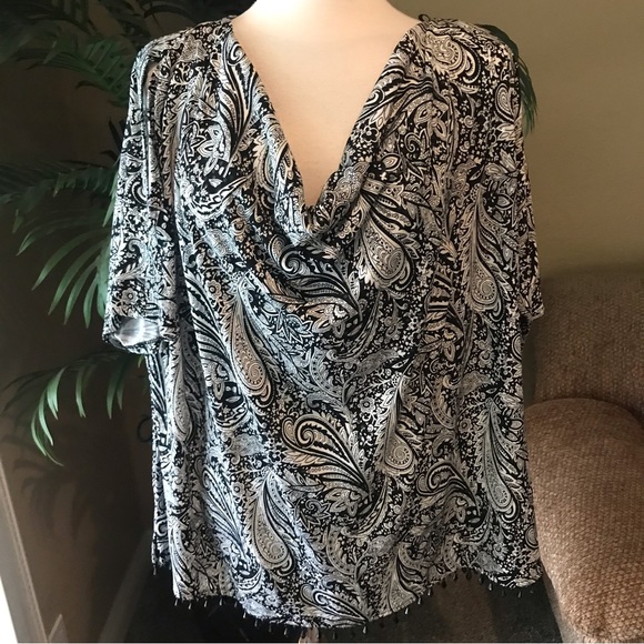 Dress Barn plus size black white cowl neck beaded stretch top - Picture 2 of 7